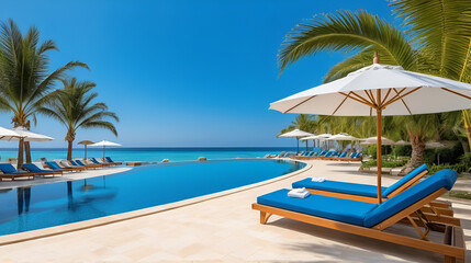 Obraz premium panoramic holiday landscape luxury beach poolside resort hotel swimming pool beach chairs beds umbrellas palm trees relax lifestyle blue sunny sky summer island seaside leisure travel vacation