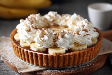 Delicious homemade banoffee cheesecake pie with bananas and whipped cream on a rustic table traditional recipe top view macro shot