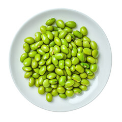 Fresh green edamame beans arranged neatly on a white plate ready for serving