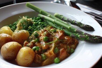 Delicious poutassou simmered in white wine accompanied by baked potatoes peas and asparagus