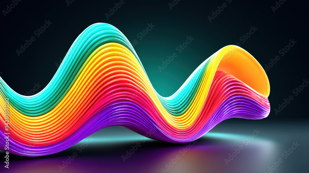 Poster vibrant abstract art piece features flowing wave of colorful, layered ribbons against dark backgroun