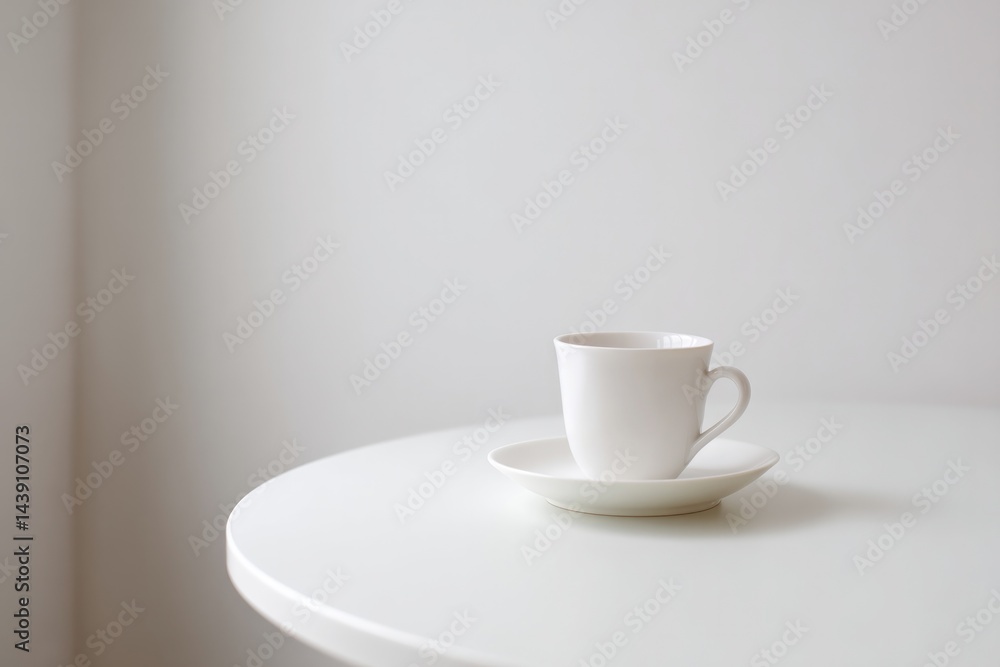 Poster minimalistic cafe table setting with single cup and saucer against clean backdrop providing ample co