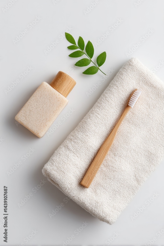 Poster minimalistic composition of essential everyday items such as toothbrush soap and towel artfully arra