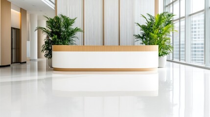 Modern reception desk in a bright, spacious lobby.  Large windows offer city views.  Clean lines and minimalist design.  Natural light and plants enhance the space