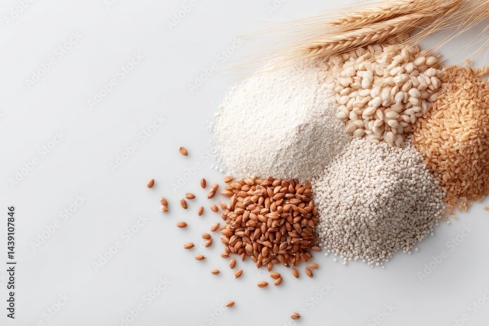 Poster minimalistic composition of various grains and cereals arranged in clean geometric patterns on white