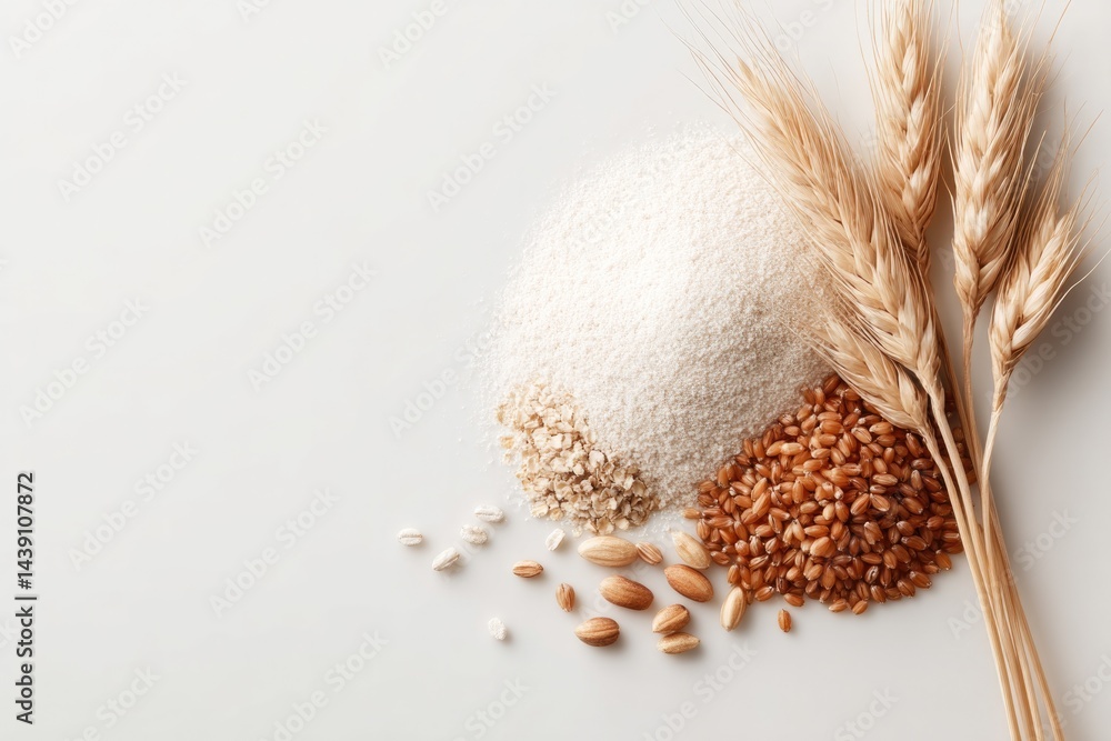 Poster minimalistic composition of various grains and cereals arranged in clean geometric patterns on white