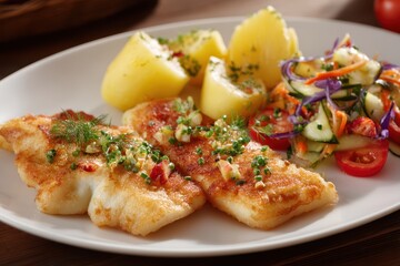 Fish meal crispy fish slices steamed potatoes and vegetable salad