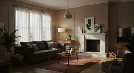 Fototapeta premium Serene Living Room Interior Design Cozy Fireplace, Soft Lighting, and Neutral Tones