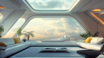 Naklejka premium Futuristic Penthouse Apartment with Panoramic Cityscape View