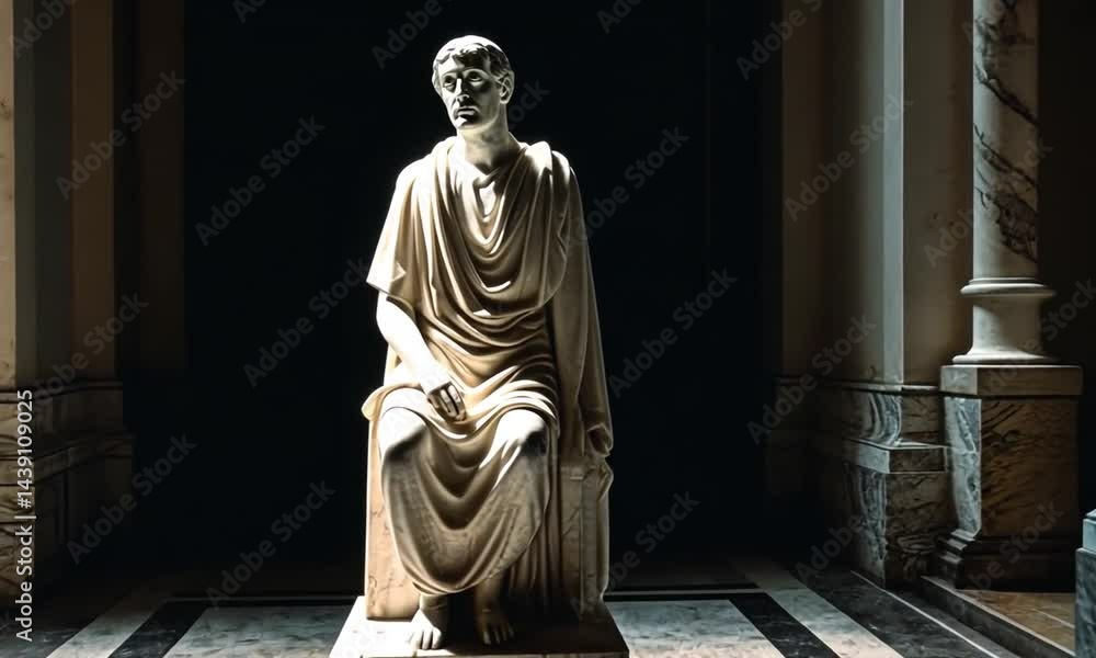 Poster a marble statue of a seated philosopher in a dimly lit classical hall with ornate columns