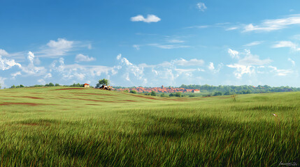 A field of grass with a yellow house in the distance