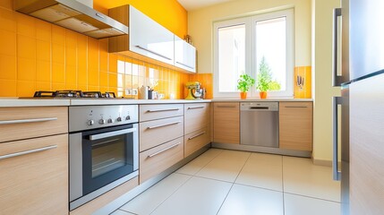 Bright, modern kitchen with vibrant orange accents.