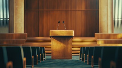 Obraz premium Empty conference stage with a podium and microphones ready for a speaker.