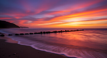 Dramatic Dawn Over Baltic Sea With Groynes And Colorful Sky