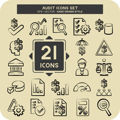 Icon Set Audit. related to Education symbol. hand drawn style. design editable