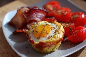 Muffin with egg and bacon served with tomatoes