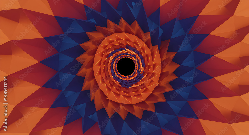 Poster abstract geometric pattern of spiraling triangles in orange blue color scheme