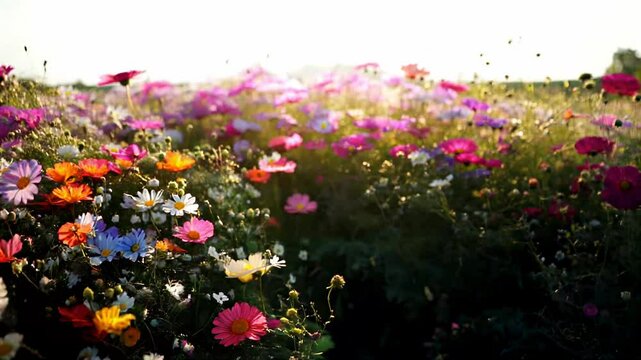 A vibrant field of wildflowers in bloom, captured at a low angle with sunlight streaming in, creating a dreamy, cinematic video effect. Live desktop wallpaper.