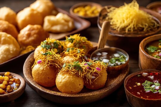 Mumbai snack assortment features golgappa panipuri bhel puri sev poori dahipuri ragda pattice raj kachori and others Selective focus