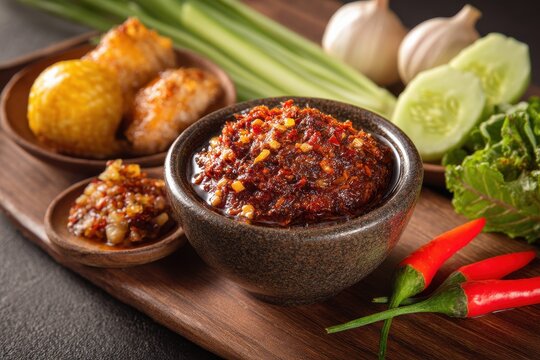 Namprik Kapi is a Thai spicy shrimp paste served with boiled vegetables cha om omelette or deep fried local fish