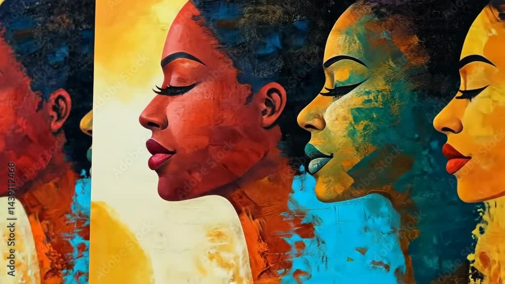 Poster colorful abstract portrait transformation: creative artistic expression in vibrant sequence