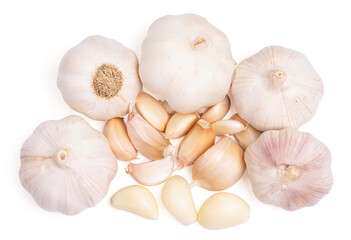Isolated Top view fresh peeled garlic cloves on white background.