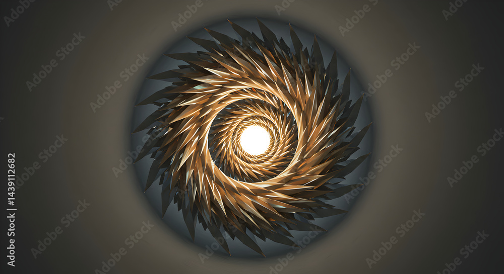 Poster abstract golden rotating sharp elements around a central light