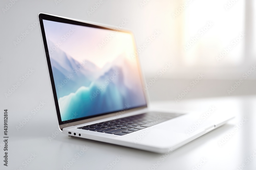 Aufkleber minimalistic photo of sleek modern laptop open on pristine white table with ample copy space