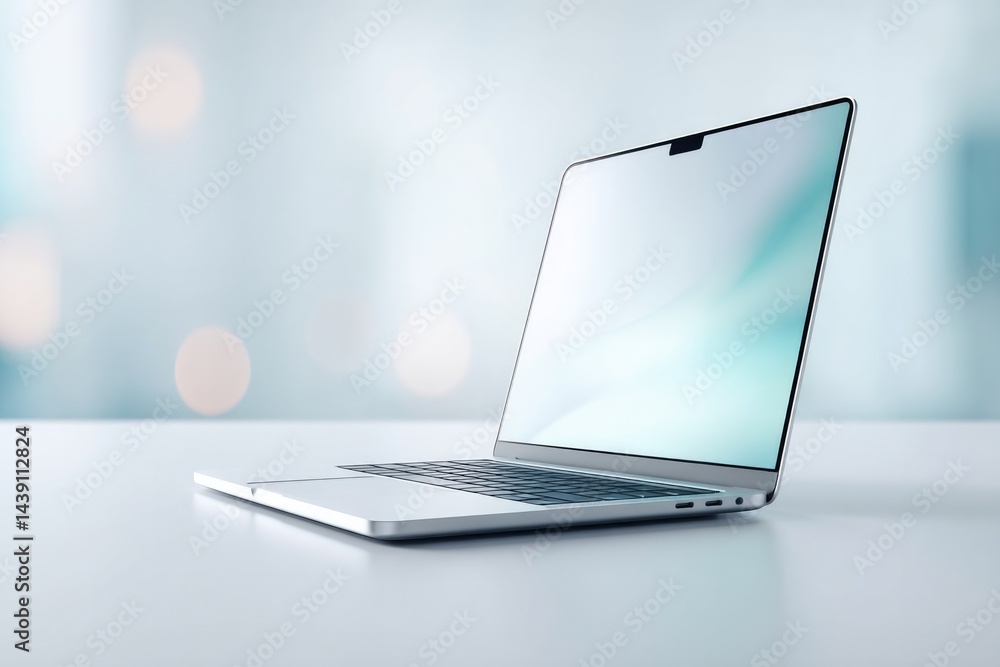 Poster minimalistic photo of sleek modern laptop open on pristine white table with ample copy space