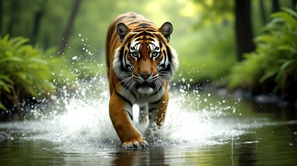 A majestic tiger walks through a shallow stream surrounded by lush jungle, capturing the wild beauty, strength, and grace of nature in a vibrant, untamed setting.