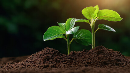 Freshly fertilizer soil with young green plants growing, symbolizing new life and growth