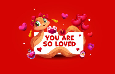 You are so loved valentines day banner with quote. Vector heartfelt phrase featuring cheerful snake reptile in traditional Chinese hat holding red flower with red balloons, ring box and love potion