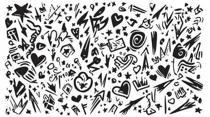 Obraz premium Abstract black doodle art; hearts, stars, arrows; white background; design element