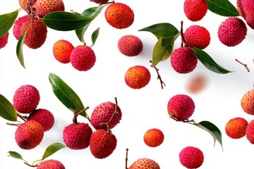 Numerous lychees drop on a light backdrop Unique fruit
