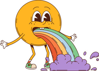 Cartoon groovy yellow smile face retro hippie character with rainbow barf. Vector funky emoji personage, psychedelic emoticon vomiting a rainbow with purple clouds, highlighting nostalgic y2k fun