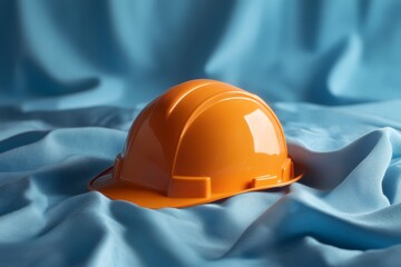 Close-up view of an orange safety helmet on a light blue fabric.