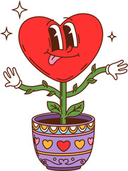 Cartoon Groovy valentine heart flower character. Vector potted bloom with heart shaped face and twig limbs featuring playful expression evoking sense of romance, retro hippie y2k vibe and affection