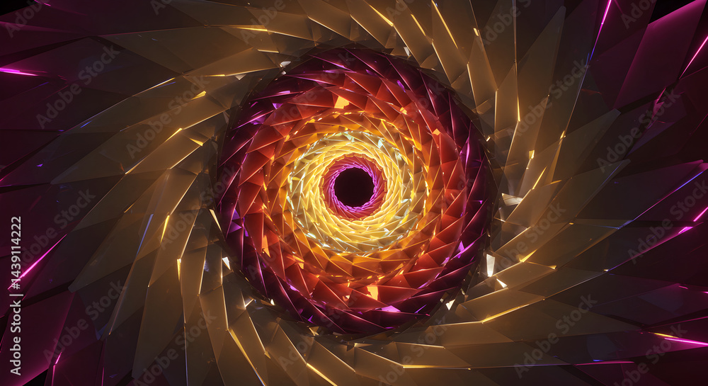 Poster abstract geometric vortex of angular shapes with glowing light effects