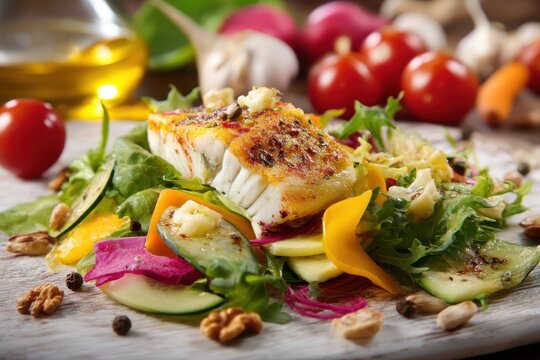 Nutritious fish salad at the restaurant featuring vegetables and dressings low in sugar body friendly low fat promoting wellness