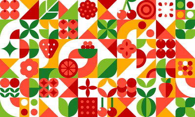 Berry fruits geometric pattern. Vector background of fresh strawberry, raspberry, cranberry and cherry berries, green apples and oranges. Abstract geometric shapes mosaic pattern of flat fruit slices © Buch&Bee
