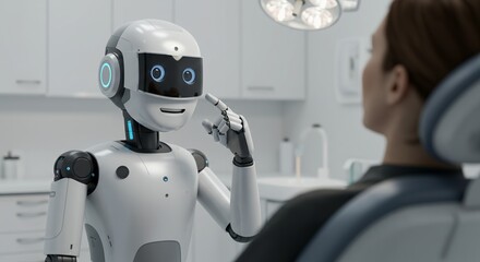 Friendly Robotic Healthcare Provider Adjusting Faceplate in White Examination Room Bathed in Soft Diffused Light Offering a Reassuring Smile to Patient