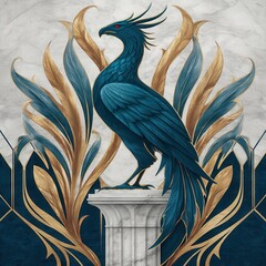 Obraz premium A majestic, mythical blue bird with gold accents stands on a marble pedestal, surrounded by ornate golden and teal leaves, against a textured background.