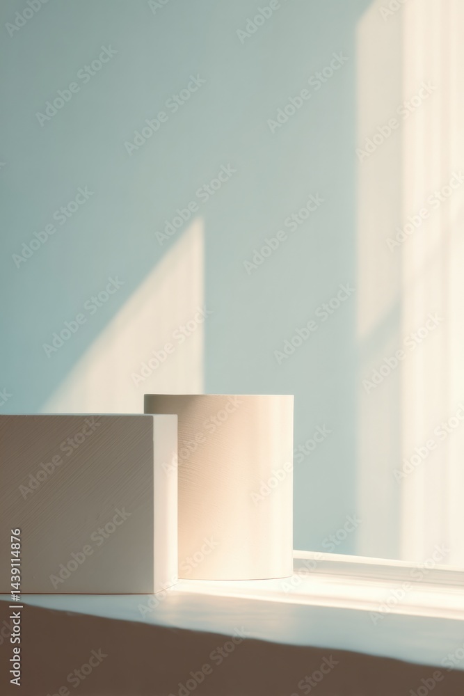 Poster minimalistic scene showcasing zonal light effects on abstract shapes with ample copy space