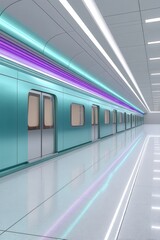 Obraz premium A modern, brightly lit subway station with a turquoise train and sleek, reflective floors, featuring futuristic neon lighting.