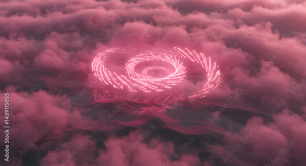 Poster ethereal pink swirls floating above textured sea of clouds rendering