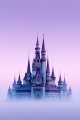 Fototapeta premium Elegant fairytale castle with purple spires stands in mist against a soft gradient sky, evoking a magical, dreamy atmosphere.
