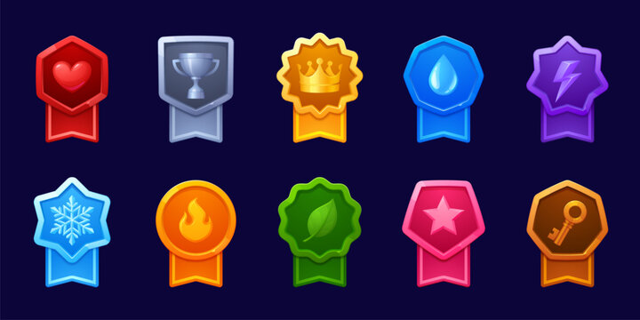 Game rank badges asset, achievement medals vector set. Colorful trophy icons with ribbons and symbols of star, heart, key, drop, lightning bolt, snowflake and fire. Goblet, green leaf, golden crown