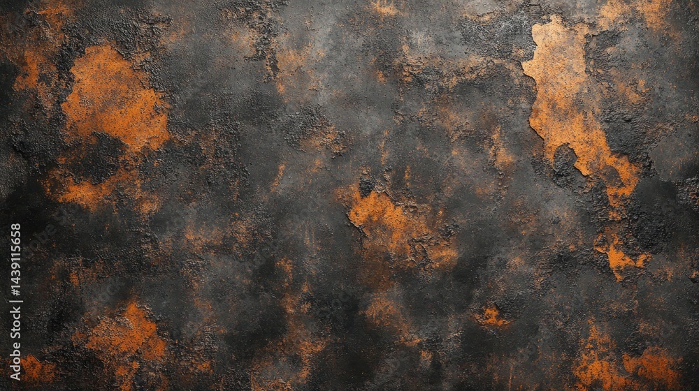 Poster dark and rough textured surface with orange rust details and signs of wear. ideal as a background to