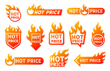 Fire flames hot price promotion and deal labels. Isolated vector emblems, stickers, badges, tags or icons with burning blaze tongues. Special offer promo for discounted items, retail or clearance sale