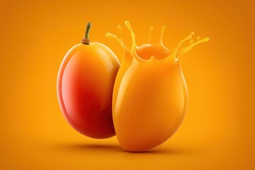 A ripe mango and a splash of mango juice set against a vibrant orange background.